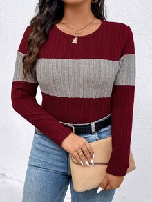 EMERY ROSE Plus Size Contrast Color Round Neck Ribbed Long Sleeve Casual T-Shirt Tees Women Tops For Spring Fall Cloth For Women - Multicolor - View 7