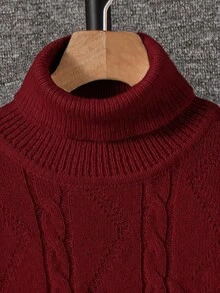 SHEIN Little Byeori 大童男孩紅色高領毛衣，長袖套頭針織秋季毛衣，開學季復古秋季休閒百搭童裝 - 紅色 - 查看 6