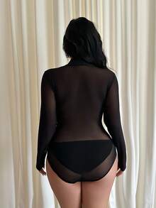 GalTyme Plus Size Sheer Sexy Criss-Cross Ruched Bodysuit - Black - View 6