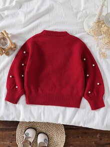 SHEIN Young Girl Solid Color Kids Knit Round Neck Puff Sleeve 3D Embroidered Beaded Loose Casual Autumn Winter Sweater - Red - View 2