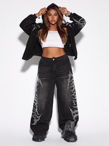 ROMWE Grunge Punk Casual Washed Letter Rhinestone Decor Plus Size Wide Leg Jeans - Black - View 7