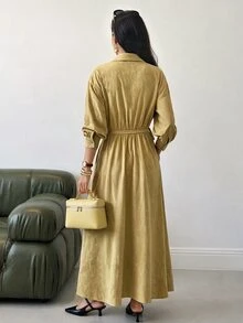 Solavon Women's Spring/Autumn Casual Contrast Lace Trim Tie Waist Shirt Dress - Light Yellow - View 2