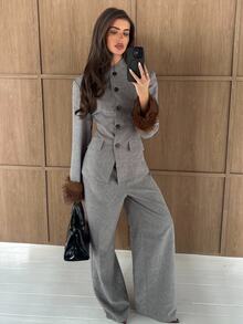 Aloruh Women's Autumn/Winter Dark Gray Suit Set, Faux Fur Patchwork Jacket, Elegant Commuter Outfit - Dark Grey - View 6