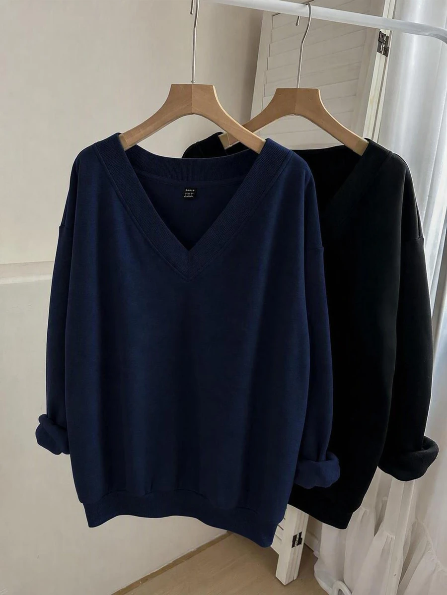 SHEIN LUNE Sweatshirt Fleece Leher V Kasual Wanita, Set 2 Potong, Cocok untuk Musim Gugur/Dingin - MultiWarna - View 1