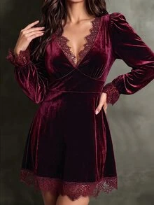 Elenzga Đầm size lớn cổ chữ V phối ren tương phản cao cấp đa năng - Màu Đỏ Sâu - Xem 3