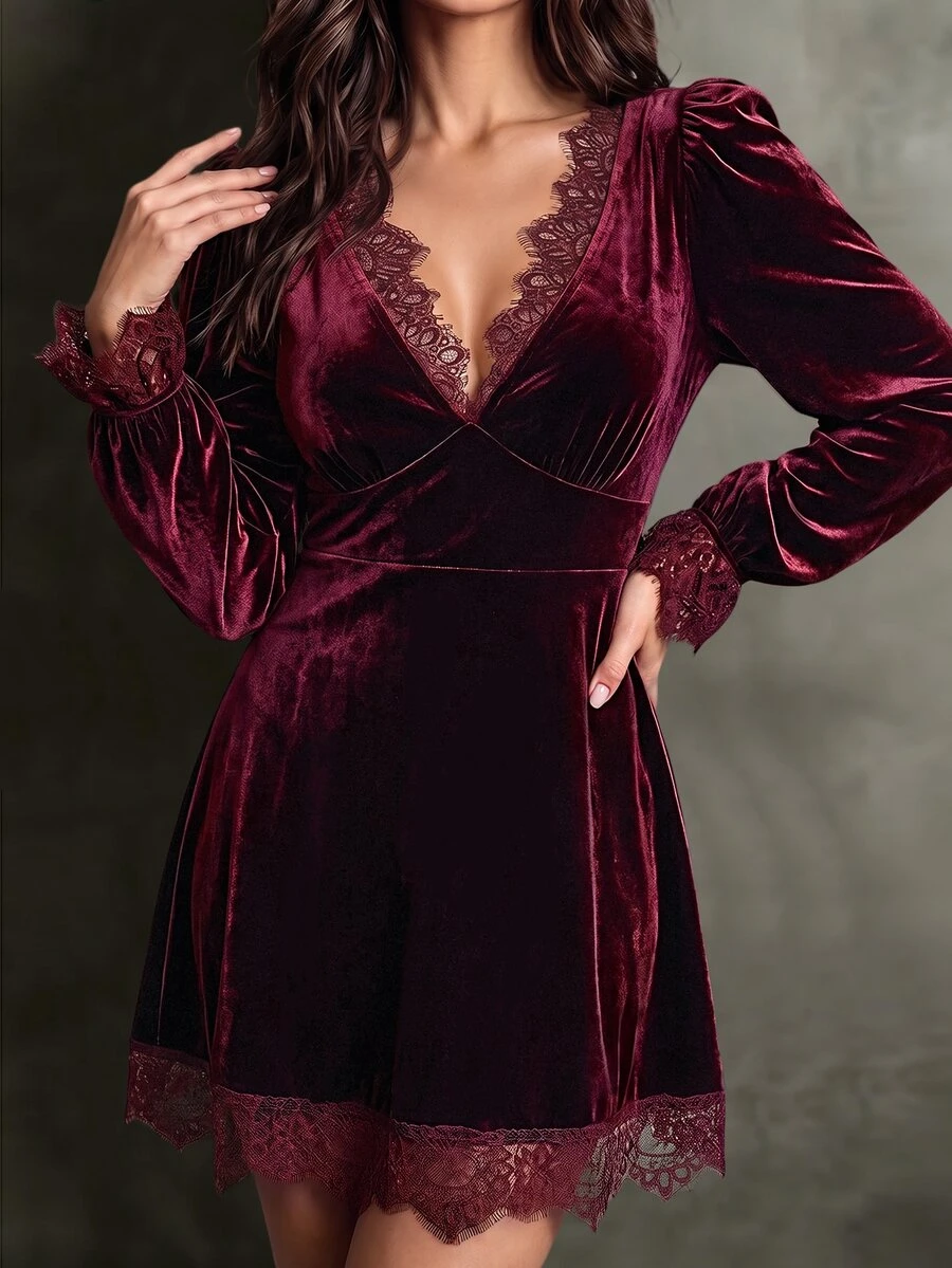 Elenzga Versatile Premium V-Neck Contrast Lace Plus Size Dress - Burgundy - View 1