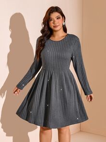 SHEIN LUNE Plus Size Women's Dress, All Season Long Sleeve Round Neck Umbrella Skirt Knee Length With Pockets Ribbed Shiny Casual Daily Party Fall - Grey - View 3