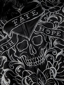 ROMWE Grunge Punk طقم من قطعتين للنساء، سويتشيرت بطبعة جمجمة على الطراز الياباني القديم مع ياقة من الفرو الصناعي - الأسود - مشاهدة 9