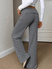 SHEIN Tall 女款休閒卡其色條紋長褲，適合工作與休閒穿著 - 黑與白 - 查看 10