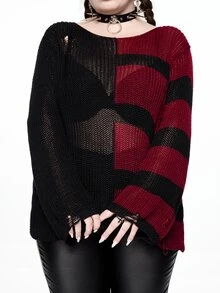 ROMWE Grunge Punk Halloween Dark Street Style Plus Size Women's Sweater, Yin Yang Color Block Distressed Design Loose Round Neck Knit Pullover - Multicolor - View 2