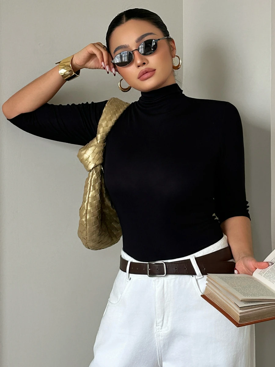 Dazy Plus Plus Size Women's Solid Color Short Sleeve Turtleneck T-Shirt - Black - View 1
