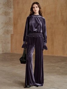 Anewsta Women's New Autumn/Winter Elegant Velvet Fabric Shirred Ruffle Lantern Long Sleeve Romantic Blouse - Purple - View 6