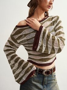 Bohemela Vintage Water Ripple Color Block Bell Sleeve Knit Pullover Sweater - Army Green - View 4