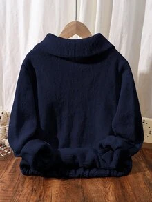 SHEIN 兒童青少年男孩休閒日常百搭舒適半開襟長袖套頭針織毛衣，純色，適合通勤、上學、日常休閒、度假、旅行、運動，秋冬款 - 藏蓝色 - 查看 4
