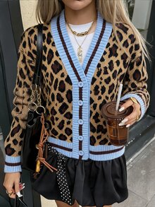 DAZY Women's Brown Leopard Print Patchwork Contrast Color Single-Breasted Long Sleeve Elegant Street Casual Versatile Knit Cardigan - Brown - View 3