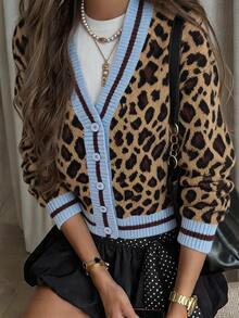 DAZY Women's Brown Leopard Print Patchwork Contrast Color Single-Breasted Long Sleeve Elegant Street Casual Versatile Knit Cardigan - Brown - View 4