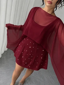 Elenzga 大尺碼女款夏季披肩 2合1 白色珍珠裝飾 極簡優雅洋裝 適合約會、生日派對、拍照 - 酒紅色 - 查看 2