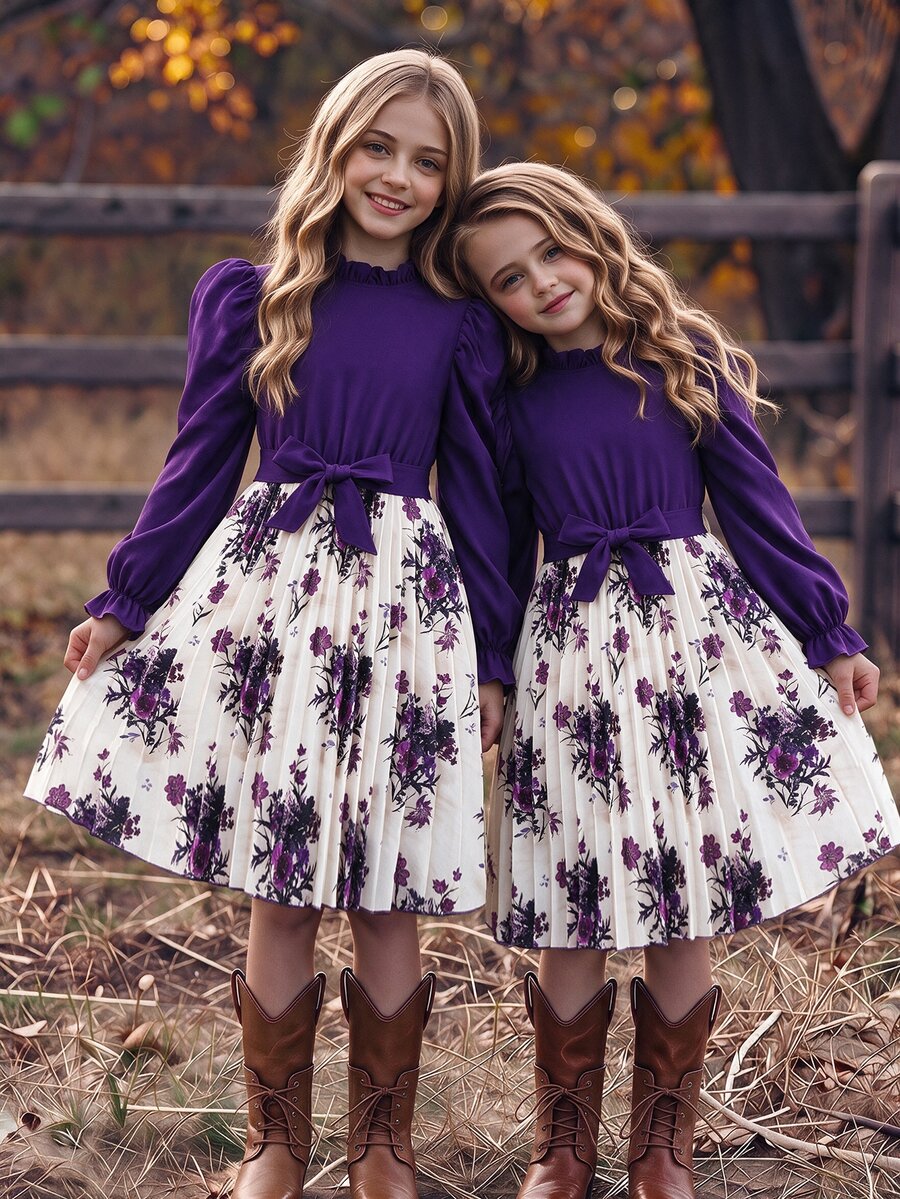 Tween Girls' Belted Mini Dress With Ruffled Hem & Waistband Decoration, Fall Dresses,Holiday,Summer,Travel, Outfit Autumn Fall - Multicolor - View 1