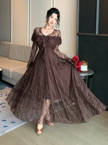 DAZY Women's V-Neck Bell Sleeve Patchwork Ruffle Elegant Lace Dress - Coffee Brown - View 5