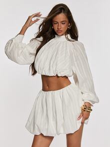 Opulessa Women's Solid Color Pleated Long Sleeve Top And Shorts Casual 2 Pieces Set - White - View 6