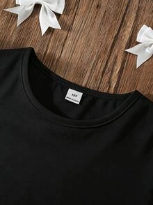 SHEIN 青少年女孩長袖上衣，黑色純色修身領口上衣，可愛優雅休閒時尚，適合夏季校園正式場合與秋季開學 - 黑色 - 查看 4