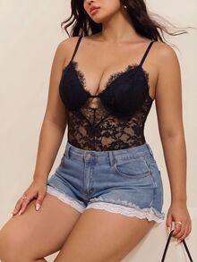 CovetEZ Autumn/Winter Halloween Lace Patchwork Sexy Plus Size Bodysuit - Black - View 8