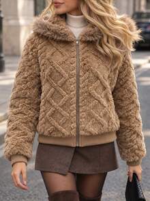 Cévolie Women's Elegant Autumn/Winter Commuter Coat With Double-Sided Fleece Jacquard Fabric And Fur Trim - Brown - View 7