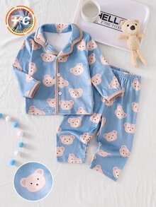 2pcs Baby Boy Soft Plush Turn-Down Collar Open Front Trim Design Long Sleeve Long Pants Pajama Set - Dusty Blue - View 4