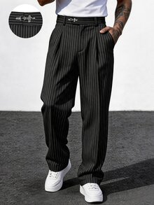 Manfinity Mode 男士黑色條紋西裝長褲，輕商務休閒百搭設計，腰部飛機扣元素，時尚百搭直筒長褲 - 黑色 - 查看 1