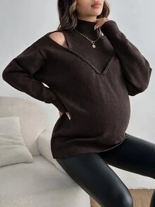 SHEIN 孕婦純色露肩長袖休閒針織衫，秋冬款 - 咖啡棕 - 查看 4
