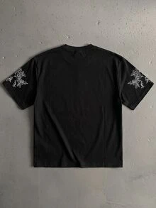StoneGrade Men's Letter & Little Angel Print Crew Neck Short Sleeve Casual T-Shirt - Black - View 3