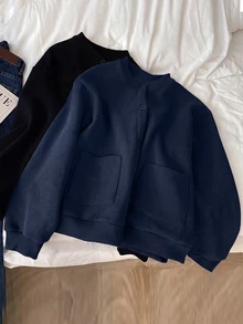 Collagica Collagica Jaket Wanita Polos Lengan Panjang Kancing Tunggal dengan Saku, Kerah Baseball Kasual, Musim Gugur - Navy Blue - View 3