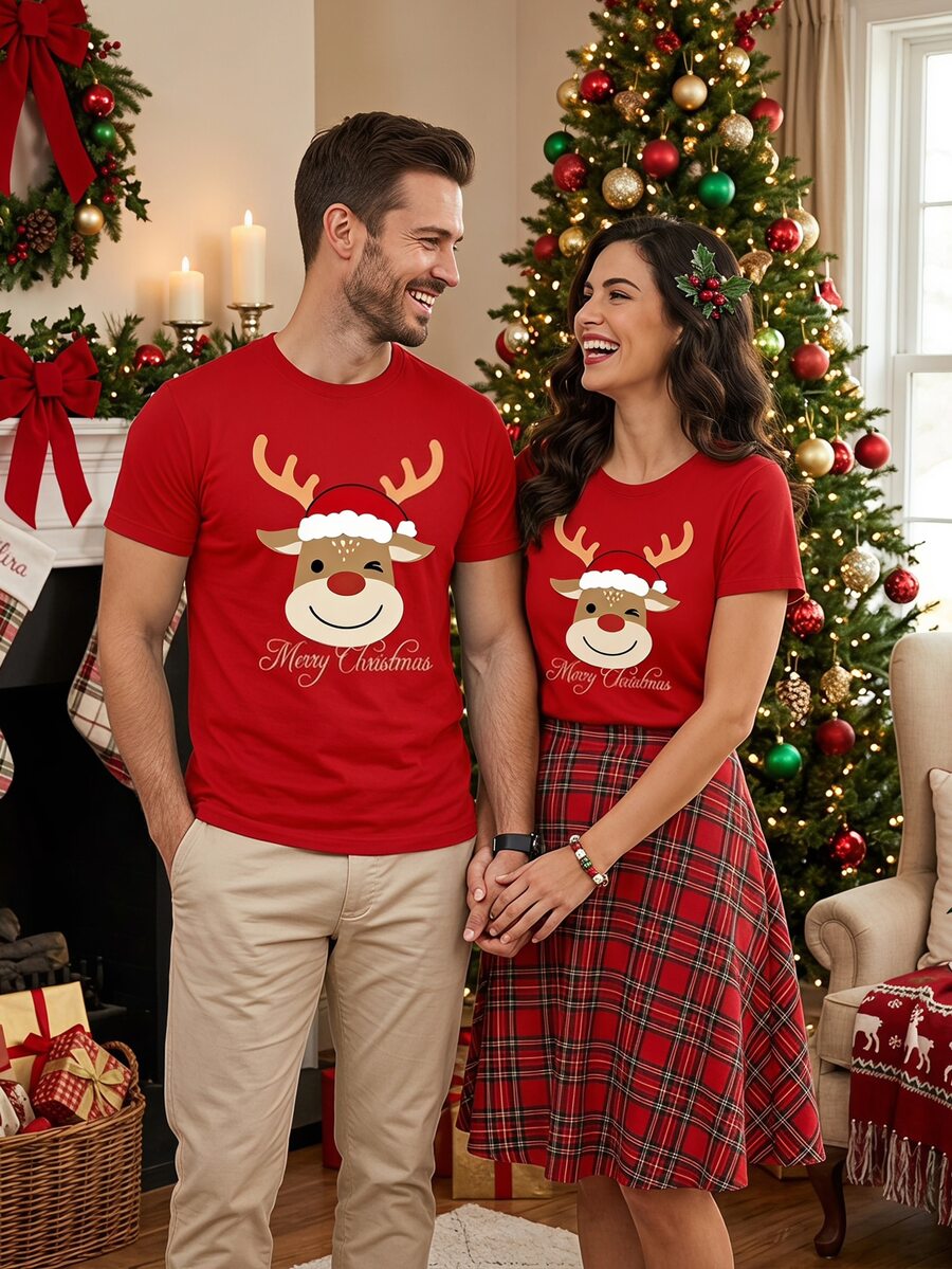 Manfinity Homme 聖誕可愛鹿 Merry Christmas 標語時尚休閒印花男士紅色標準尺寸修身短袖T恤 - 紅色 - 查看 1