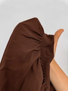 Auralis Coffee Brown Raglan Long Sleeve Plus Size Loose Waist Elastic Ruffle Hem Pullover Blouse Casual Top Elegant Office Formal Business Work Women Autumn - Brown - View 9