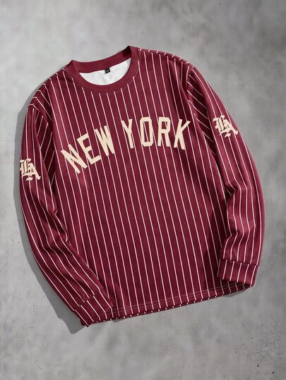 Gym Rark Camiseta de manga larga con rayas finas color burdeos para hombre, estampado de letras NEW YORK, estilo vintage de béisbol, top casual de cuello redondo