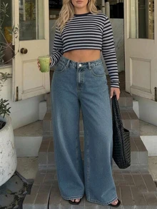 Dazy Plus Solid Color Washed Loose Wide Leg Pants, Elegant Versatile Slimming Long Denim Jeans, All Season - Medium Wash - View 4