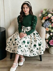 SHEIN 少女珍珠花瓣袖花卉印花A字洋裝 - 彩色 - 查看 3