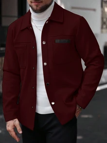 Manfinity CasualCool 男士純色休閒長袖大衣，適合秋冬穿著，灰色鈕扣開襟大衣 - 酒紅色 - 查看 3