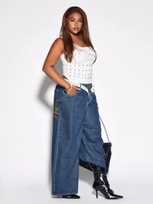 ROMWE Street Life Plus Size Women's Spider Web Embroidered Pattern Loose Straight Leg Jeans - Blue - View 3