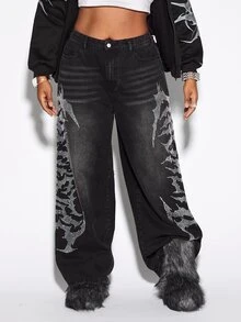 ROMWE Grunge Punk Casual Washed Letter Rhinestone Decor Plus Size Wide Leg Jeans - Black - View 2