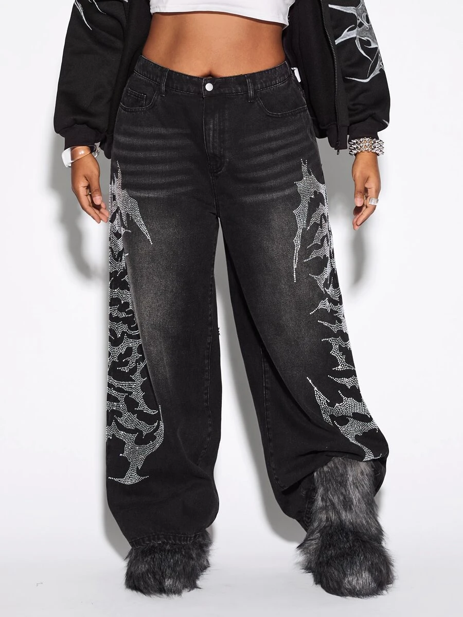 ROMWE Grunge Punk Casual Washed Letter Rhinestone Decor Plus Size Wide Leg Jeans - Black - View 1