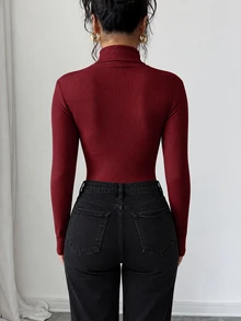 Elenzga 女款拼接高領修身長袖撞色連身衣，秋冬款 - 酒紅色 - 查看 2