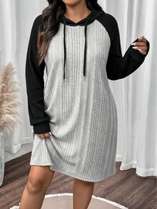 EMERY ROSE 大尺碼女款優雅休閒連帽純色布料拼接撞色直筒修身運動衫洋裝，撞色極簡設計，適合度假、日常穿著、通勤、約會、派對、居家穿搭洋裝 - 彩色 - 查看 1