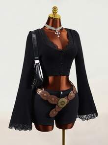 Mistrie Cardigan Wanita Musim Semi/Gugur Hitam dengan Lengan Lonceng dan Potongan Ramping, Model Slim Fit, Kancing Depan - Hitam - View 1
