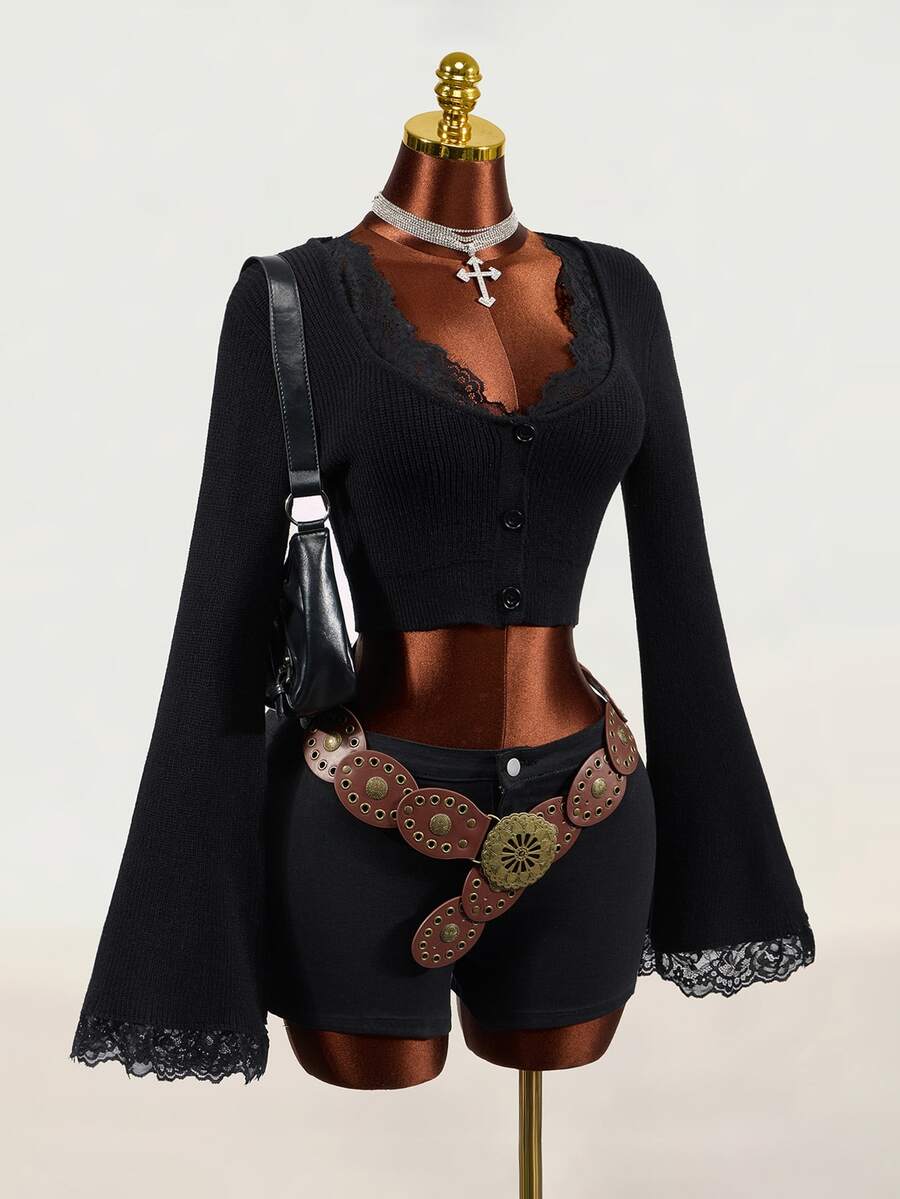 Mistrie Cardigan Wanita Musim Semi/Gugur Hitam dengan Lengan Lonceng dan Potongan Ramping, Model Slim Fit, Kancing Depan - Hitam - View 1