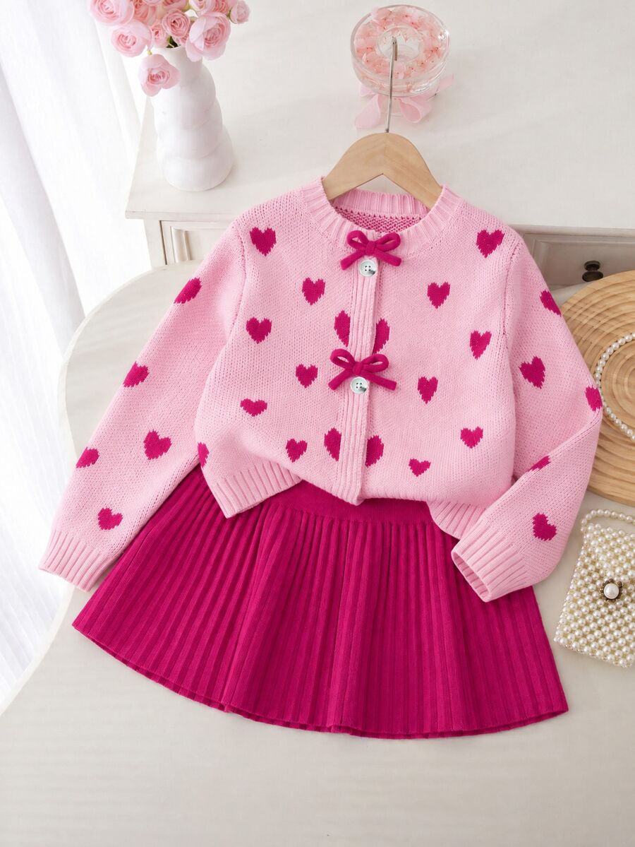 SHEIN Bộ len dệt kim áo tay dài và chân váy họa tiết trái tim cho bé gái mùa đông - Màu Hồng Tươi - Xem 1