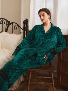 Côtesoire French Elegant Romantic South France Jacquard Velvet Lace Patchwork Ruffle Trim Open Front Plus Size Pajama Set - Dark Green - View 5