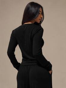 MUSERA ESSENTIALS Marl Grey Button Up Front Placket Crew Neckline Fitted Long Sleeve Slim Fit Top Basics Loungewear Casual Everyday Essentials - Black - View 4