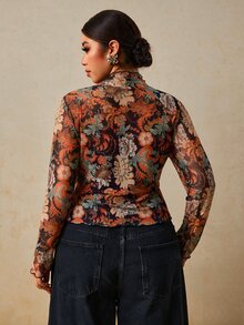Travachic 大尺碼女款浪漫花卉印花長袖上衣 - 彩色 - 查看 2