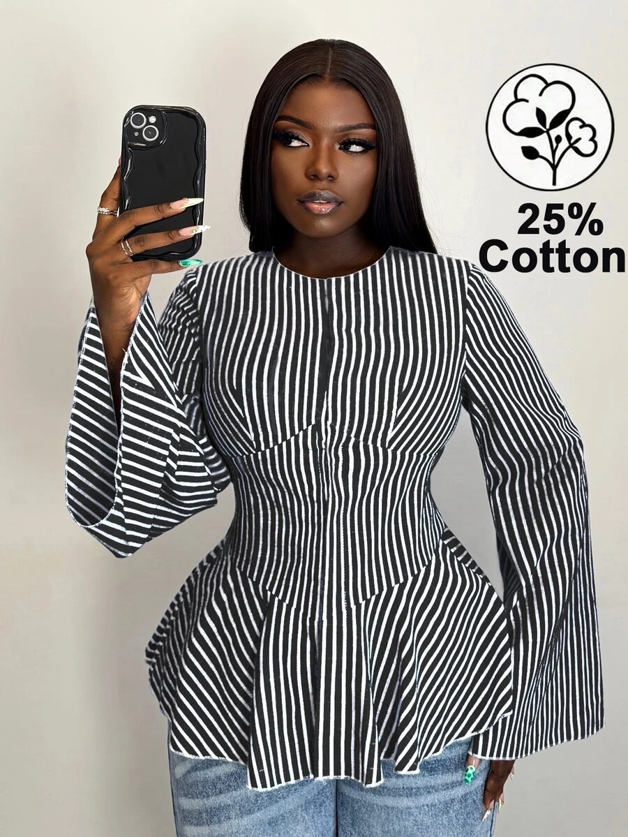 Xyvia Women's Fashion Striped Ruffle Hem Blouse - Black and White - View 1